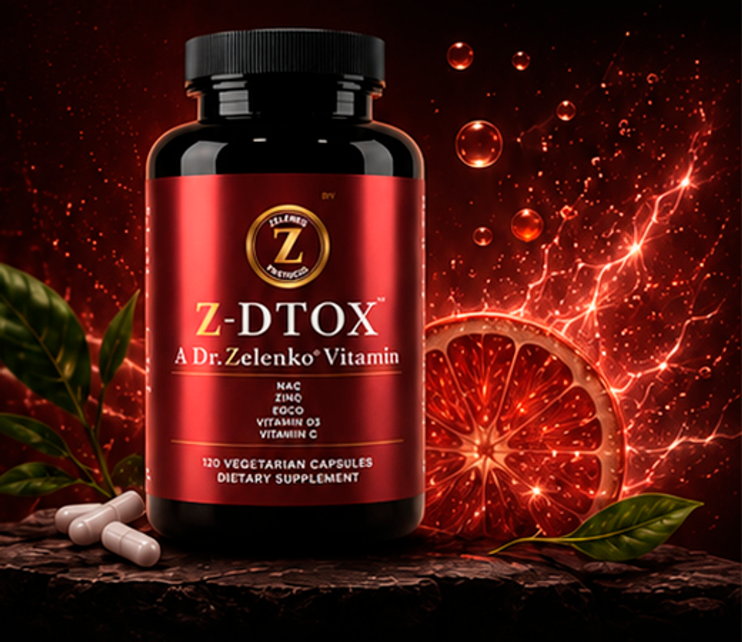 Z-DTox bottle with tea leaves, capsules and a blood orange slice on dark stone
