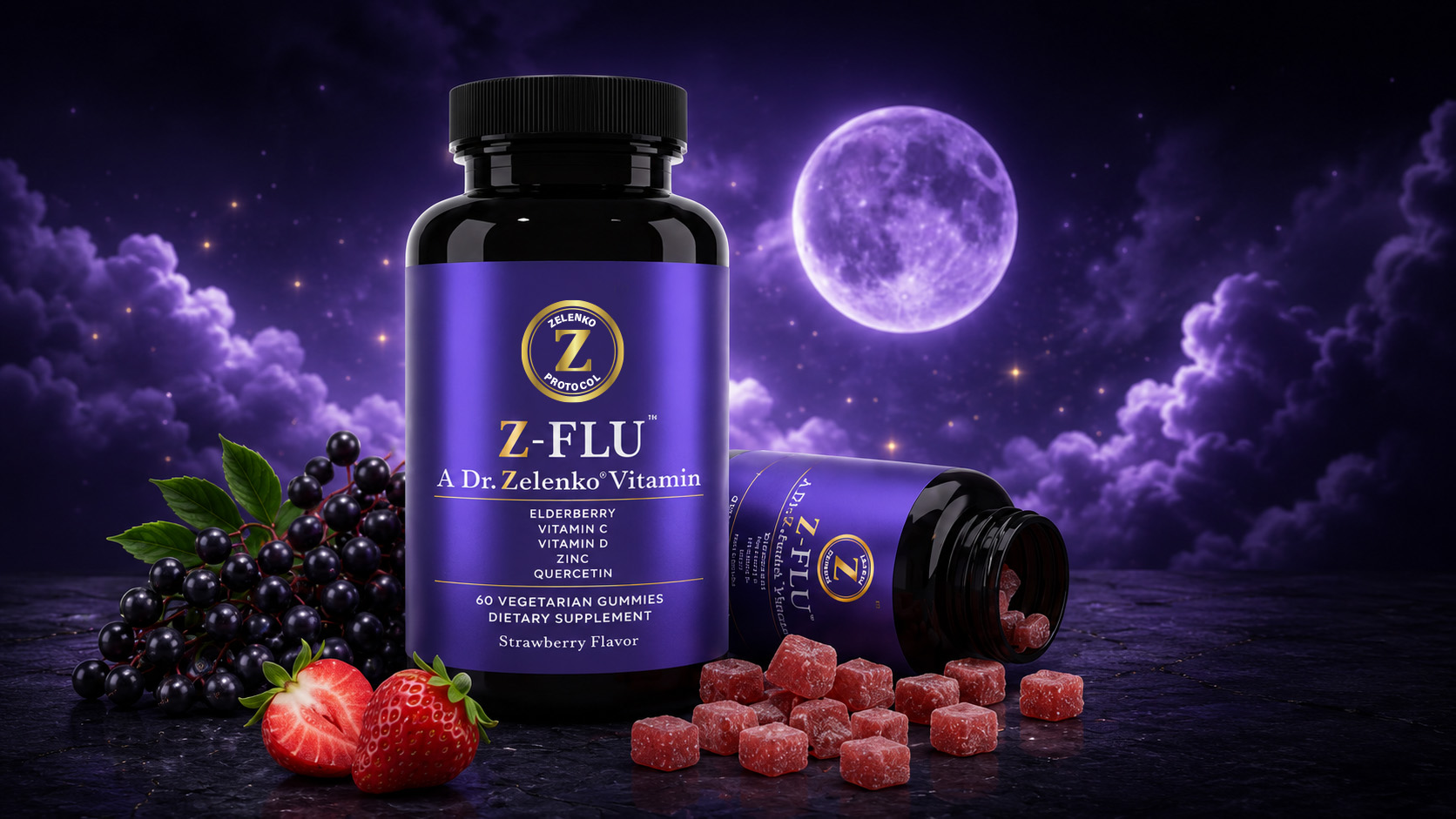Z-Flu bottle of 60 vegetarian strawberry-flavor gummies with elderberries, strawberries and spilled gummies under a purple moonlit sky