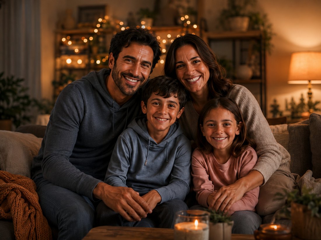 A smiling family of four together on a couch in a warmly lit living room