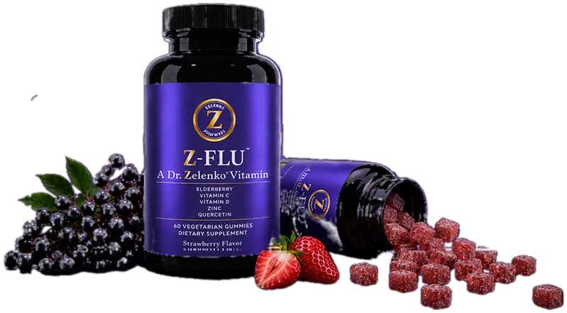 Z-Flu bottles with elderberries, strawberries and strawberry-flavored gummies