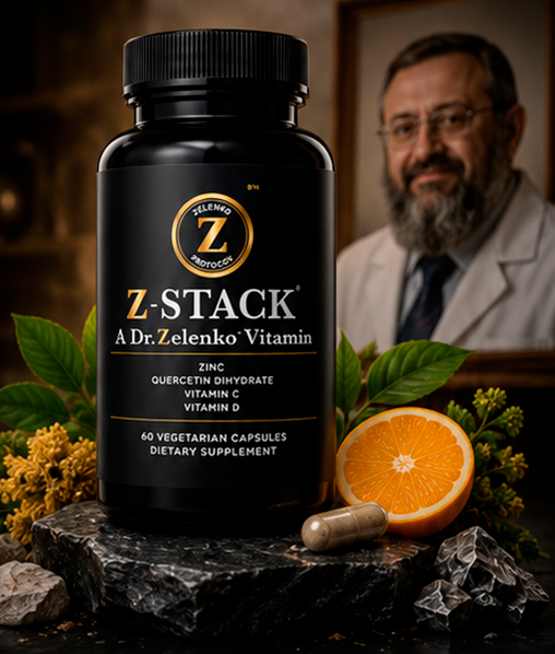 Z-Stack supplement bottle on a stone slab with orange, capsule and botanicals, with Dr. Zelenko in the background